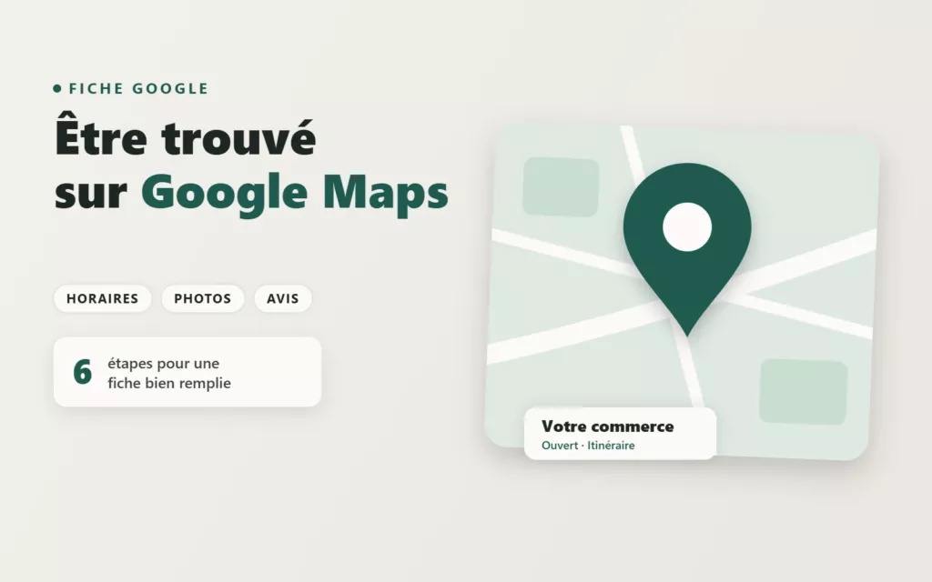 Illustration : épingle Google Maps sur une carte et fiche d’un commerce